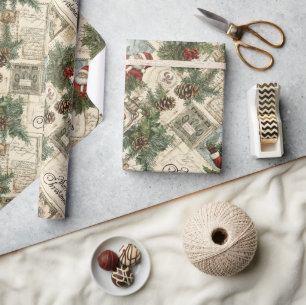 Whimsical Vintage Rot Grün Traditionelles Weihnach Geschenkpapier