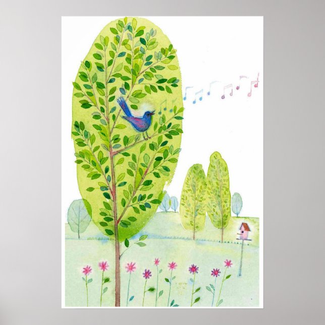whimsical vogel singing Watercolor Poster (Vorne)