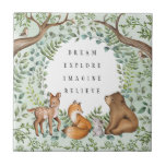 Whimsical Wald Tiere Kinder Kinderzimmer Fliese<br><div class="desc">Dieses bezaubernde Design gehört zu unserer Kollektion FOREST FABLE. Es zeigt unsere originale Aquarellbilder mit skurrilen Waldtieren und eleganten Blätter im Aquarell.</div>