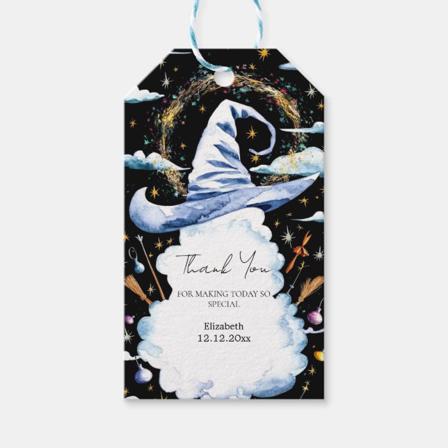 Whimsical Wand Wizard Hat Baby Dusche Geschenkanhänger (Vorderseite)