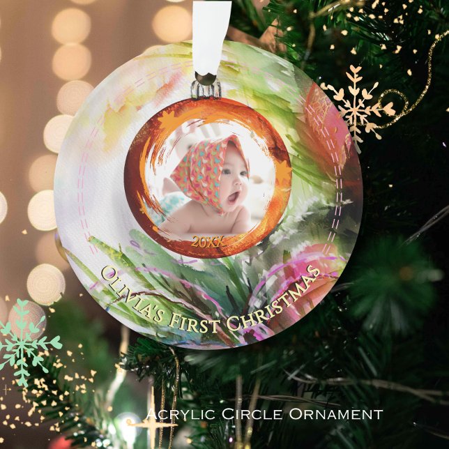 Whimsical Watercolor Baby's First Christmas Foto Ornament (Whimsical Watercolor Baby's First Christmas Photo Ornament)