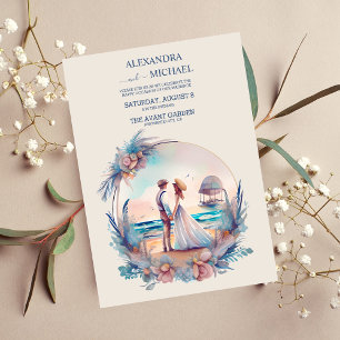 Whimsical Watercolor Beach Hochzeit in Urlaubsort Einladung