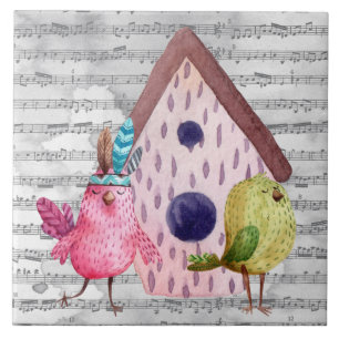 Whimsical Watercolor Birds and Music Fliese