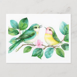Whimsical Watercolor Birds on Leafy Branch Postkarte