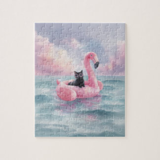 Whimsical Watercolor Black Cat Flamingo Float Puzzle