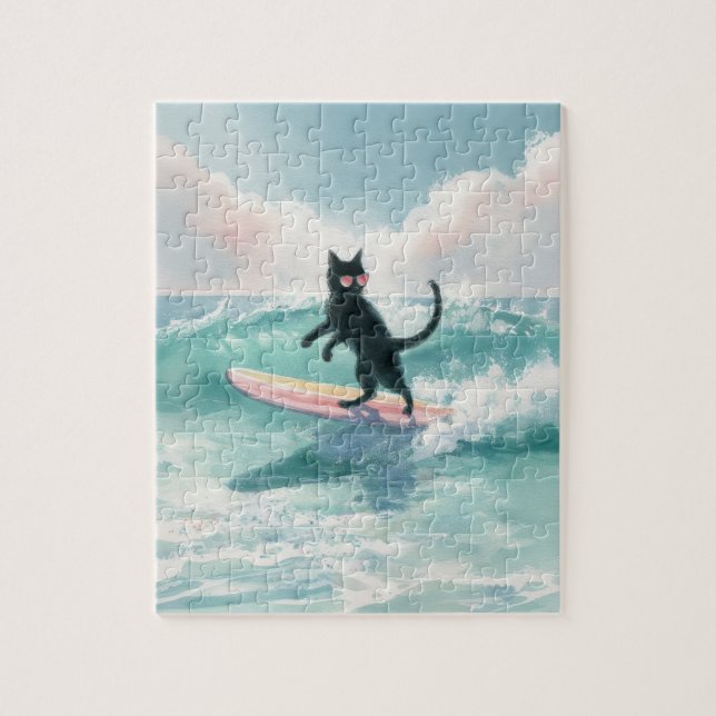 Whimsical Watercolor Black Cat Surfpuzzle Puzzle (Vertikal)