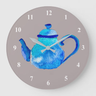 Whimsical watercolor blue teapot große wanduhr