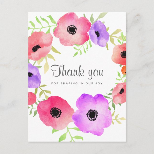 Whimsical Watercolor Blume Hochzeit Danke Postkarte (Vorderseite)
