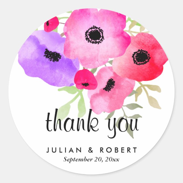 Whimsical Watercolor Blume Hochzeit Danke Runder Aufkleber (Vorderseite)