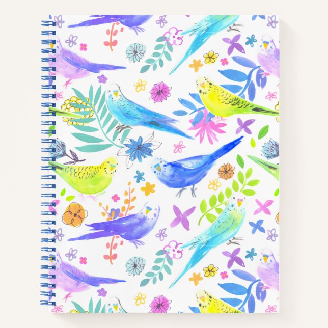 Whimsical Watercolor Budgie Parakeets Notizbuch (Vorderseite)