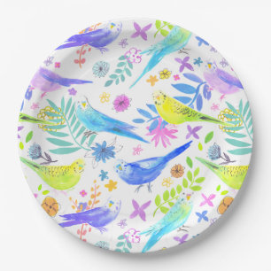 Whimsical Watercolor Budgie Parakeets Pappteller