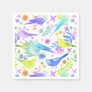 Whimsical Watercolor Budgie Parakeets Serviette