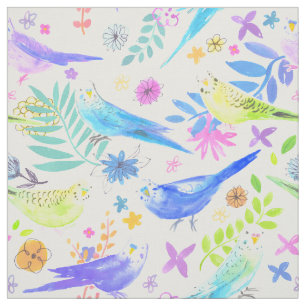 Whimsical Watercolor Budgie Parakeets Stoff