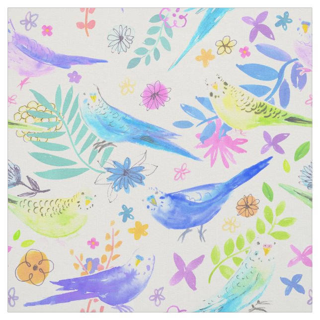 Whimsical Watercolor Budgie Parakeets Stoff (Muster)