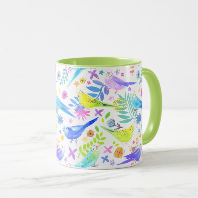 Whimsical Watercolor Budgie Parakeets Tasse (VorderseiteRechts)