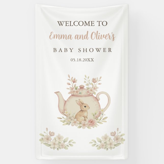 Whimsical Watercolor Bunny Tea Party Baby Shower Banner (Vertikal)