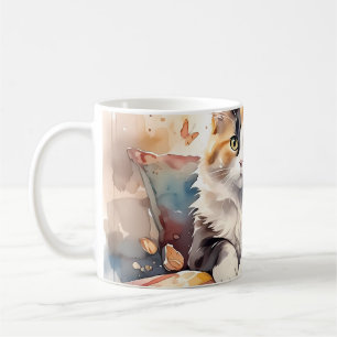 Whimsical Watercolor Calico Cat and Butterfells Kaffeetasse