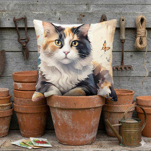 Whimsical Watercolor Calico Cat and Butterfells Kissen