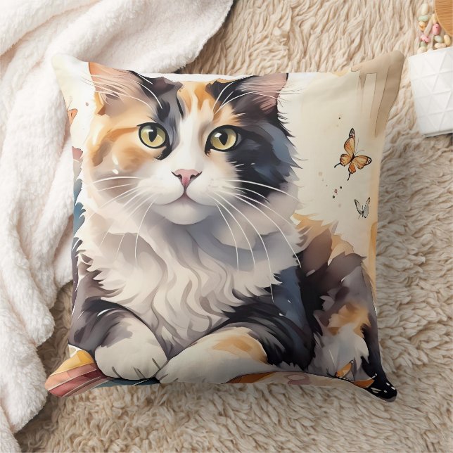 Whimsical Watercolor Calico Cat and Butterfells Kissen (Decke)