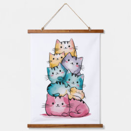 Whimsical Watercolor Cat Art Print - Wall Deco Wandteppich Mit Holzrahmen