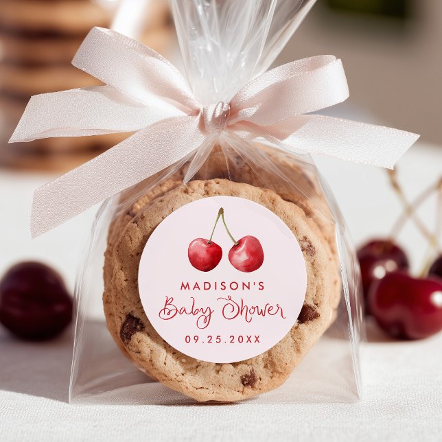 Whimsical Watercolor Cherry Baby Dusche Runder Aufkleber (Von Creator hochgeladen)