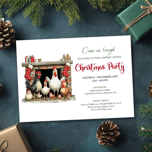 Whimsical Watercolor Chickens Christmas Party  Einladung (Whimsical Watercolor Chickens Christmas Party Invite)