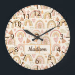 Whimsical Watercolor Earthy Boho Rainbows Name Große Wanduhr<br><div class="desc">Personalisiertes Geschenk mit individualisierbaren Monogramm- und Namenswandtücher mit einem Muster von Aquarellfarben,  die moderne Boho-Regenbögen in erdigen Neutral- und Terrakottönen lackieren.</div>