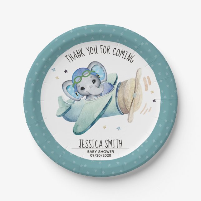 Whimsical Watercolor Elephant Airplane Babydusche Pappteller (Vorderseite)