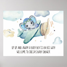 Whimsical Watercolor Elephant Airplane Babydusche Poster