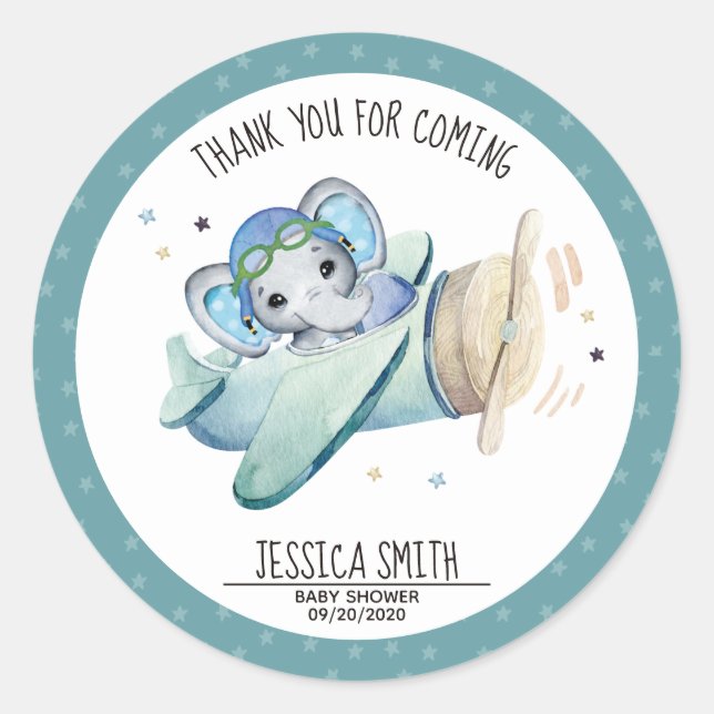 Whimsical Watercolor Elephant Airplane Babydusche Runder Aufkleber (Vorderseite)