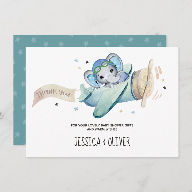 Whimsical Watercolor Elephant Airplane Vielen Dank Einladung (Vorne/Hinten)