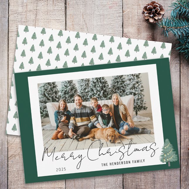 Whimsical Watercolor Festivals Bäume Weihnachten F (Modern watercolor tree & lights green & white Christmas photo holiday card Whimsical elegant script)