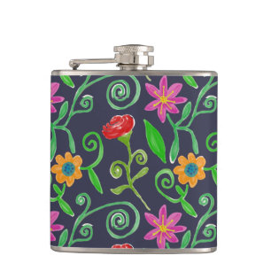 Whimsical Watercolor Floral Navyblau Flachmann