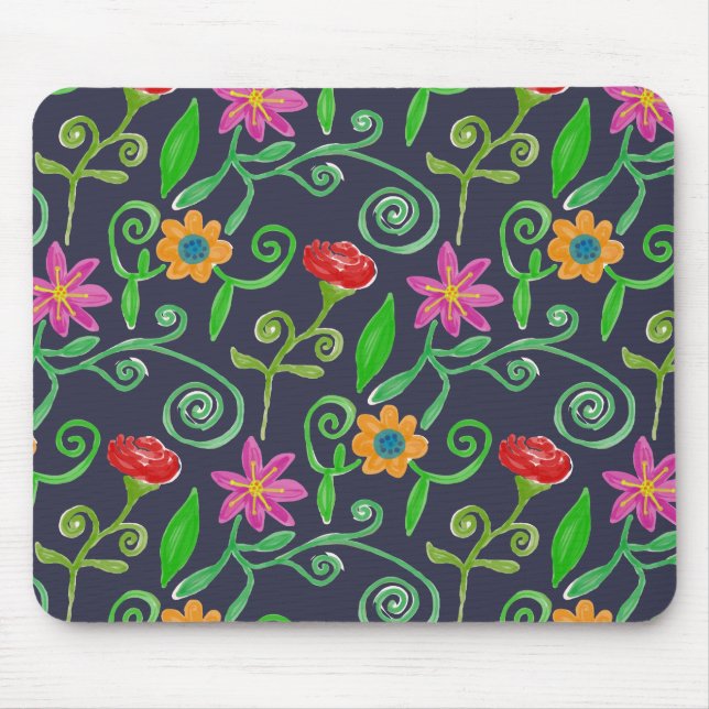 Whimsical Watercolor Floral Navyblau Mousepad (Vorne)