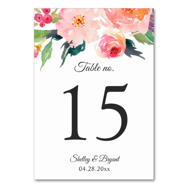 Whimsical Watercolor Floral Wedding Tischnummer (Vorderseite)