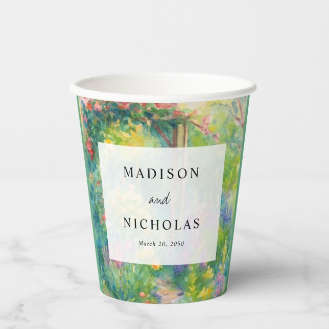 Whimsical Watercolor Garden Themed Wedding Pappbecher (Vorderseite)