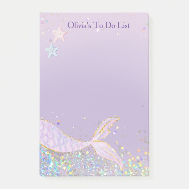 Whimsical Watercolor Glitzer Mermaid Schwanz Post-it Klebezettel (Vorderseite)