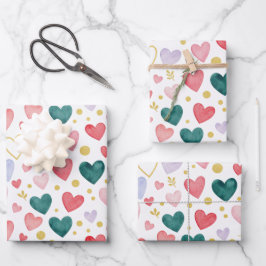 Whimsical Watercolor Hearts & Golden Glitz  Geschenkpapier Set