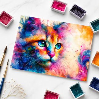 Whimsical Watercolor Katzenporträt Postkarte