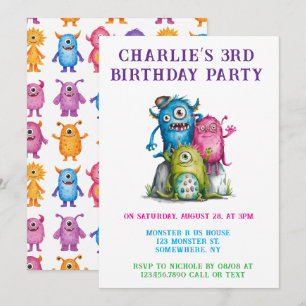Whimsical Watercolor Monsters Kinderparty Einladung