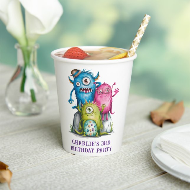 Whimsical Watercolor Monsters Kinderparty Pappbecher (In Situ)