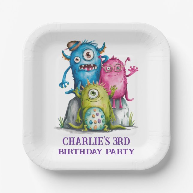 Whimsical Watercolor Monsters Kinderparty Pappteller (Vorderseite)