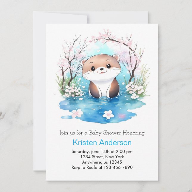 Whimsical Watercolor Otter Blue Boy Baby Dusche Einladung (Vorderseite)