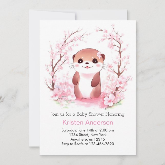 Whimsical Watercolor Otter Girl Babydusche Einladung (Vorderseite)