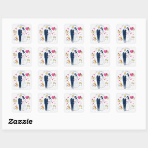 Whimsical Watercolor Paar und florale Bogenhochzei Quadratischer Aufkleber