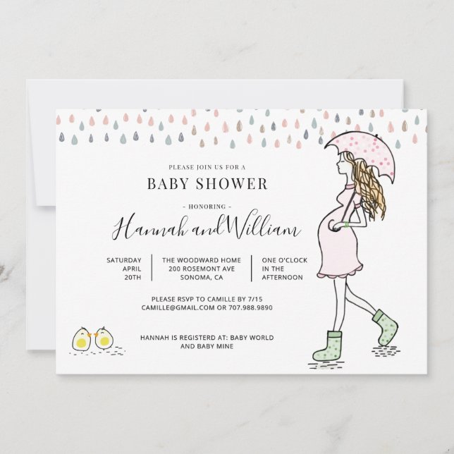 Whimsical Watercolor Rainy Day Baby Shower Einladung (Vorderseite)