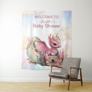 Whimsical Watercolor Rosa Drache Baby Shower Wandteppich