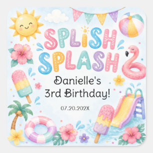 Whimsical Watercolor Splish Splash Geburtstag Quadratischer Aufkleber