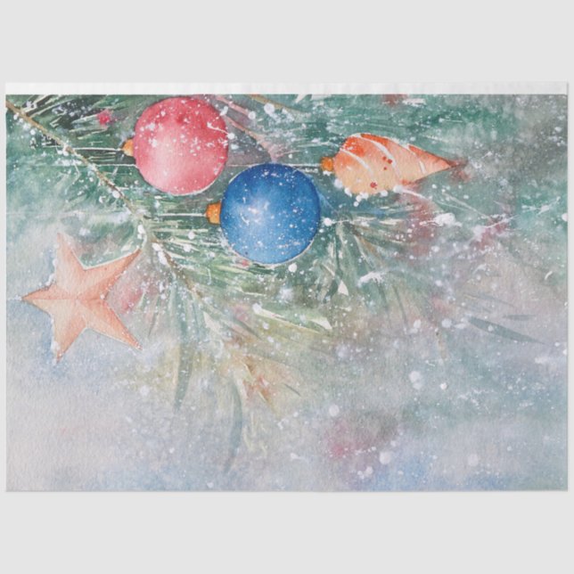 Whimsical Watercolor Stars Balls on Christmas Tree Seidenpapier (Vorderseite)
