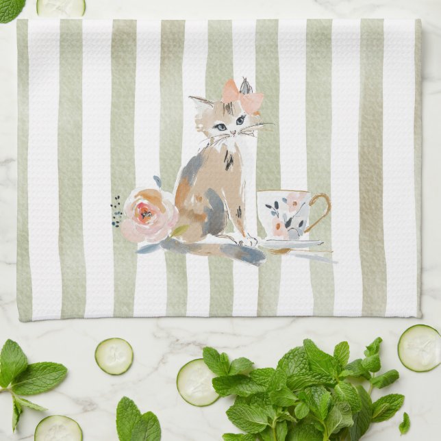  Whimsical Watercolor Tea Time Cat Kitchen Towels Geschirrtuch (Gefaltet)